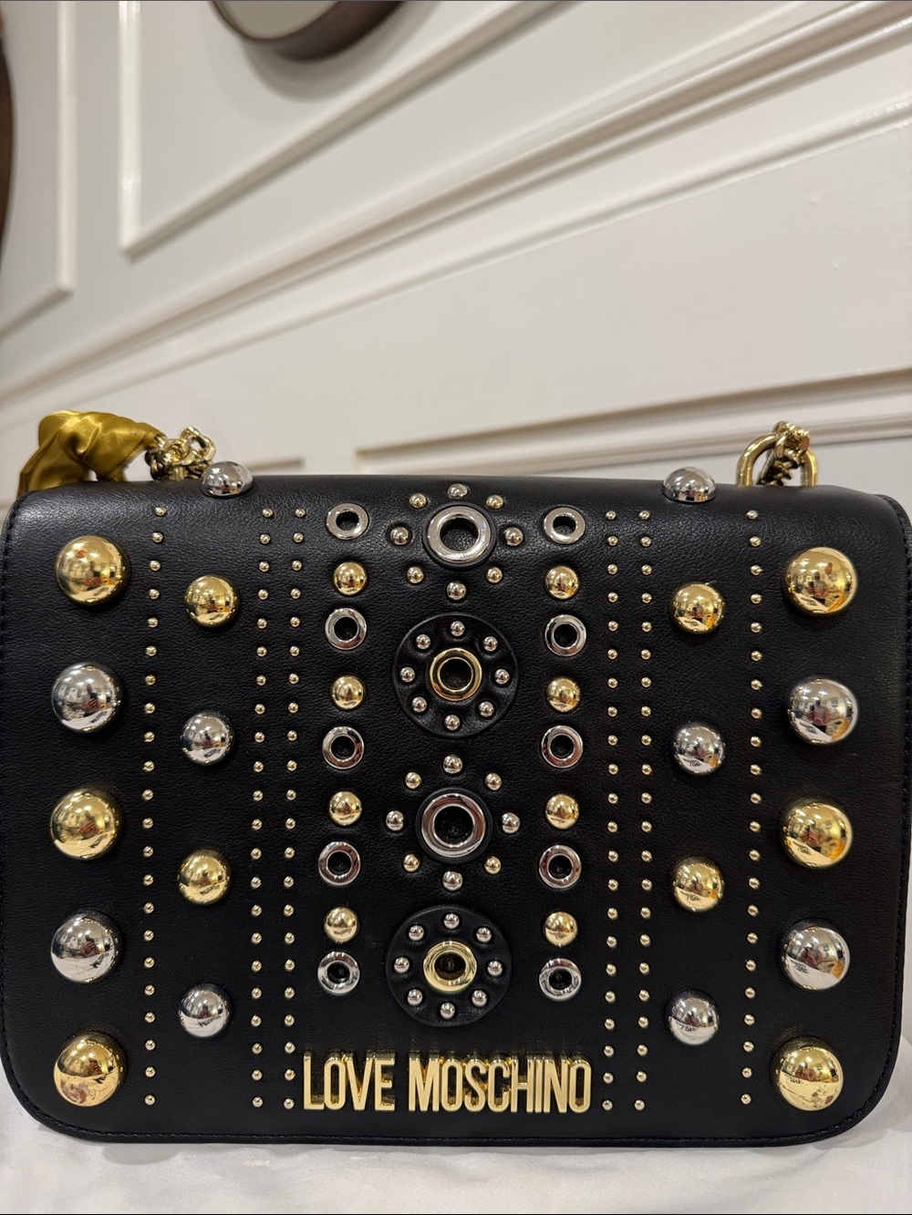 Love Moschino Bag Black Studded Chain Crossbody Shoulder Bag with Gold Accents - Picture 5 of 17